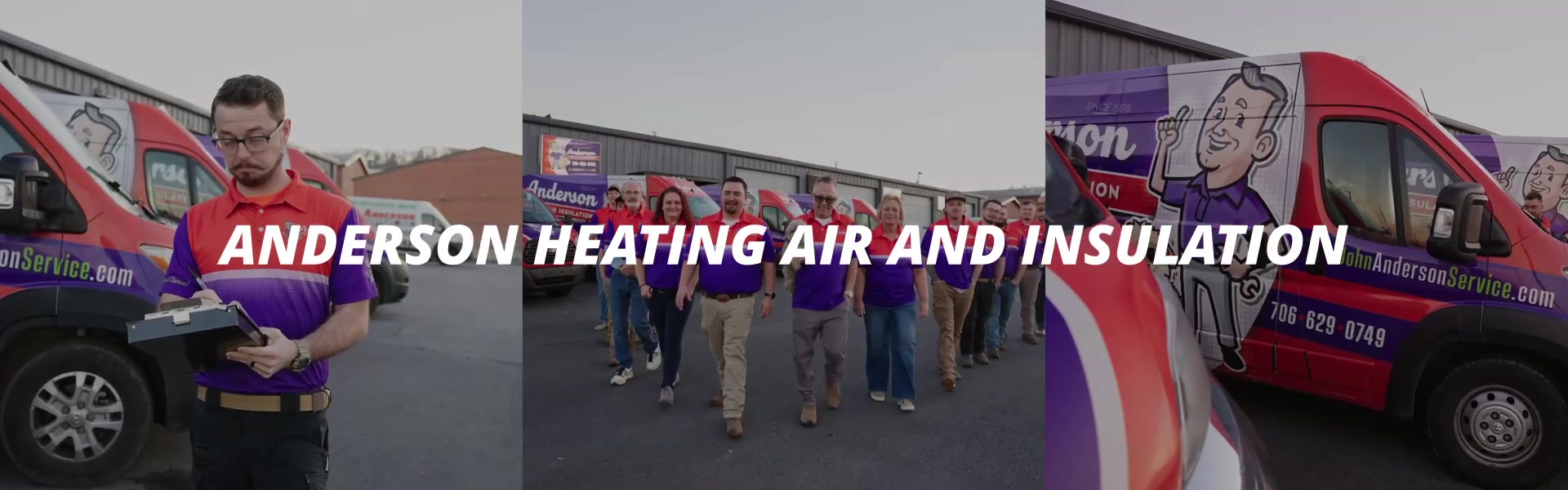 The Anderson Heating, Air & Insulation team with branded service vehicles in Calhoun, Georgia