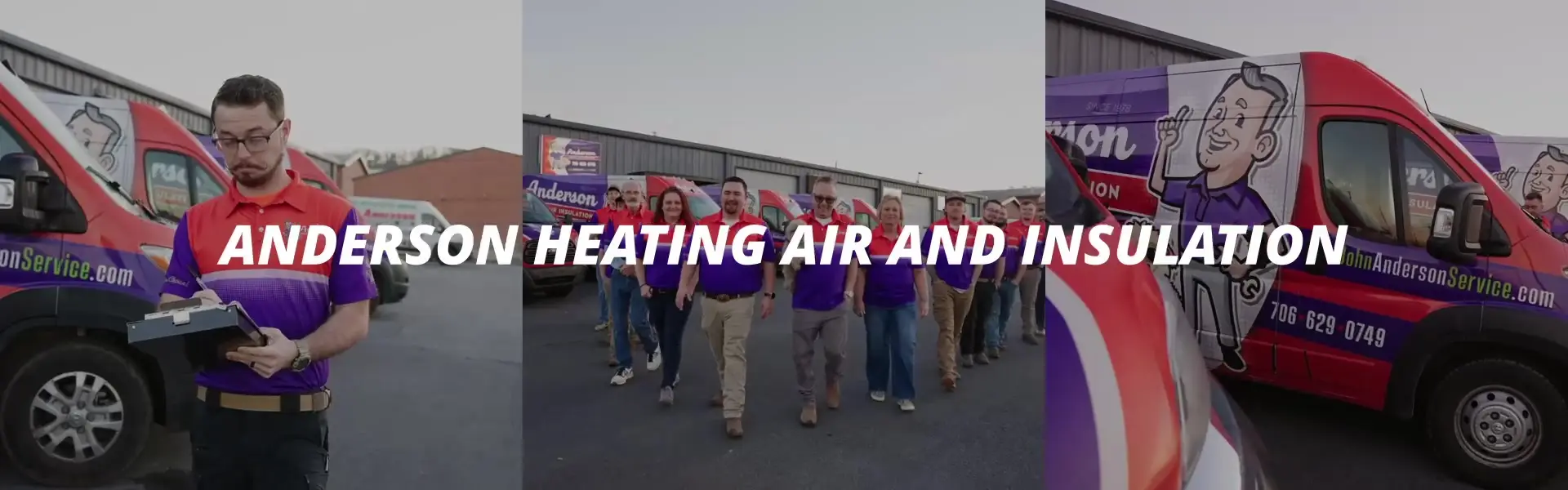 The Anderson Heating, Air & Insulation team with branded service vehicles in Calhoun, Georgia