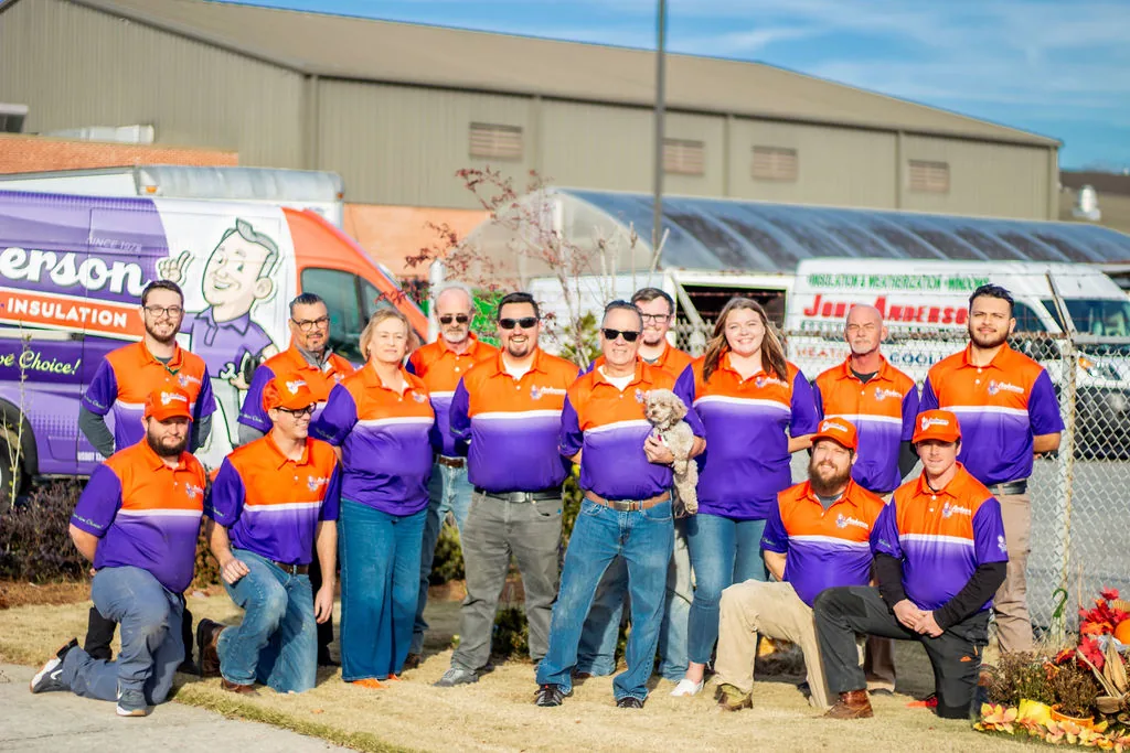 The Anderson Heating, Air & Insulation team gathered outside the Calhoun headquarters